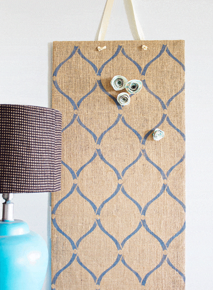 DIY Stenciled Burlap Magnetic Board