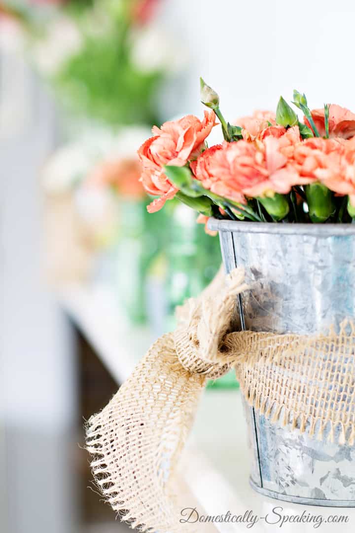 Spring Mantel 2015… Simple Beauty with Greens, Pinks and Corals