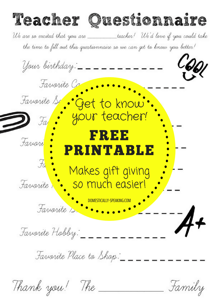 Teacher Gift Questionnaire Printable