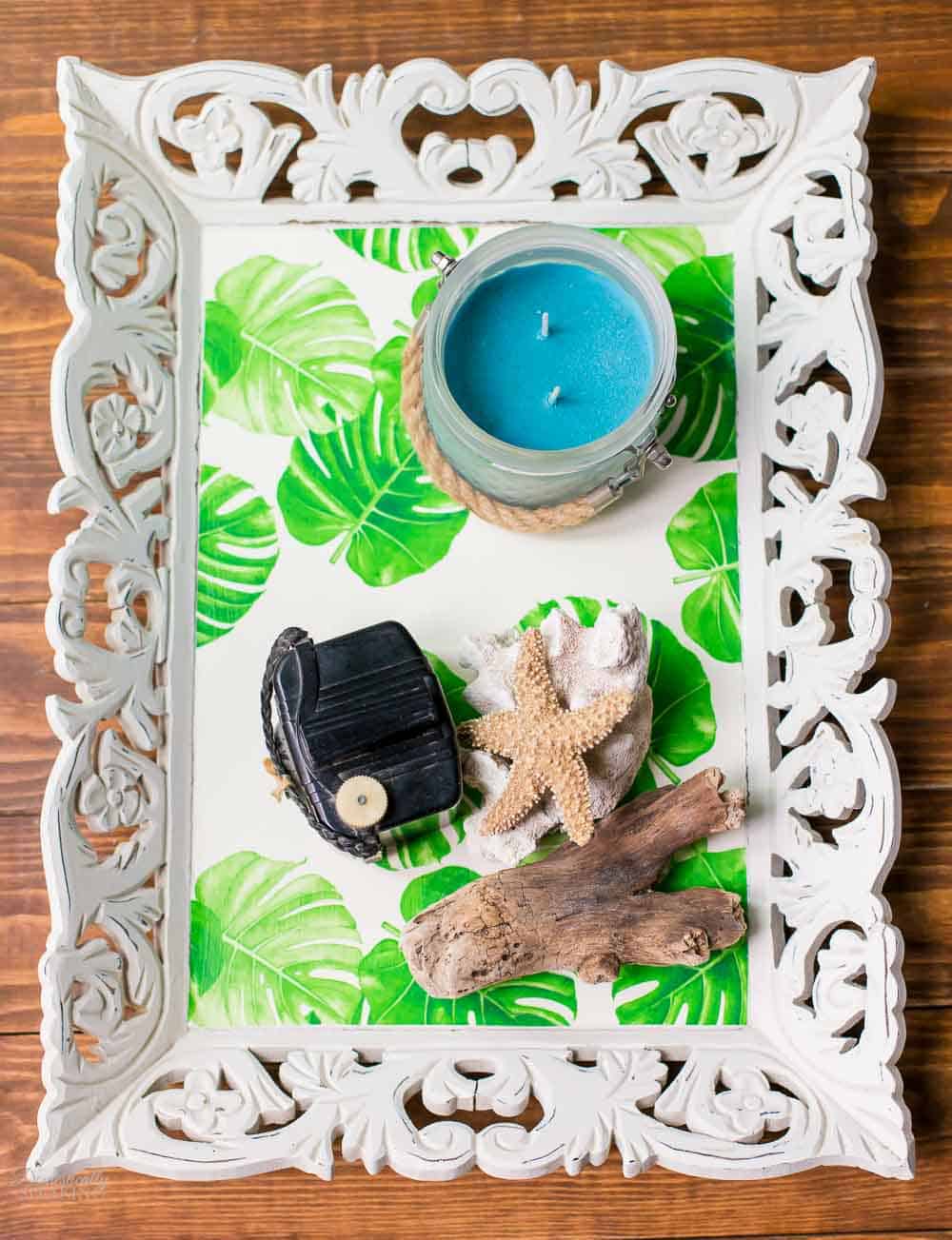 Cute Tropical Tray using wallpaper on a thrift store tray.