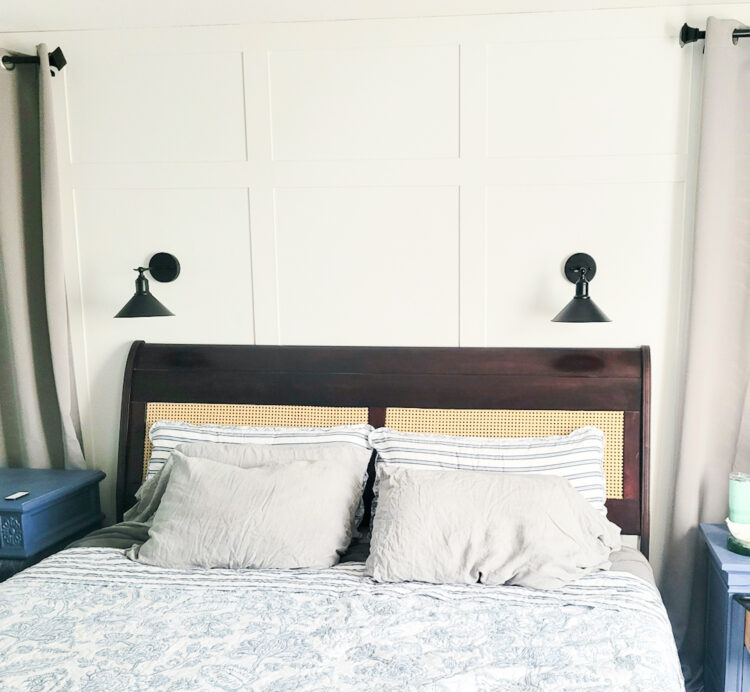 Coastal bedroom with DIY Cane Headboard